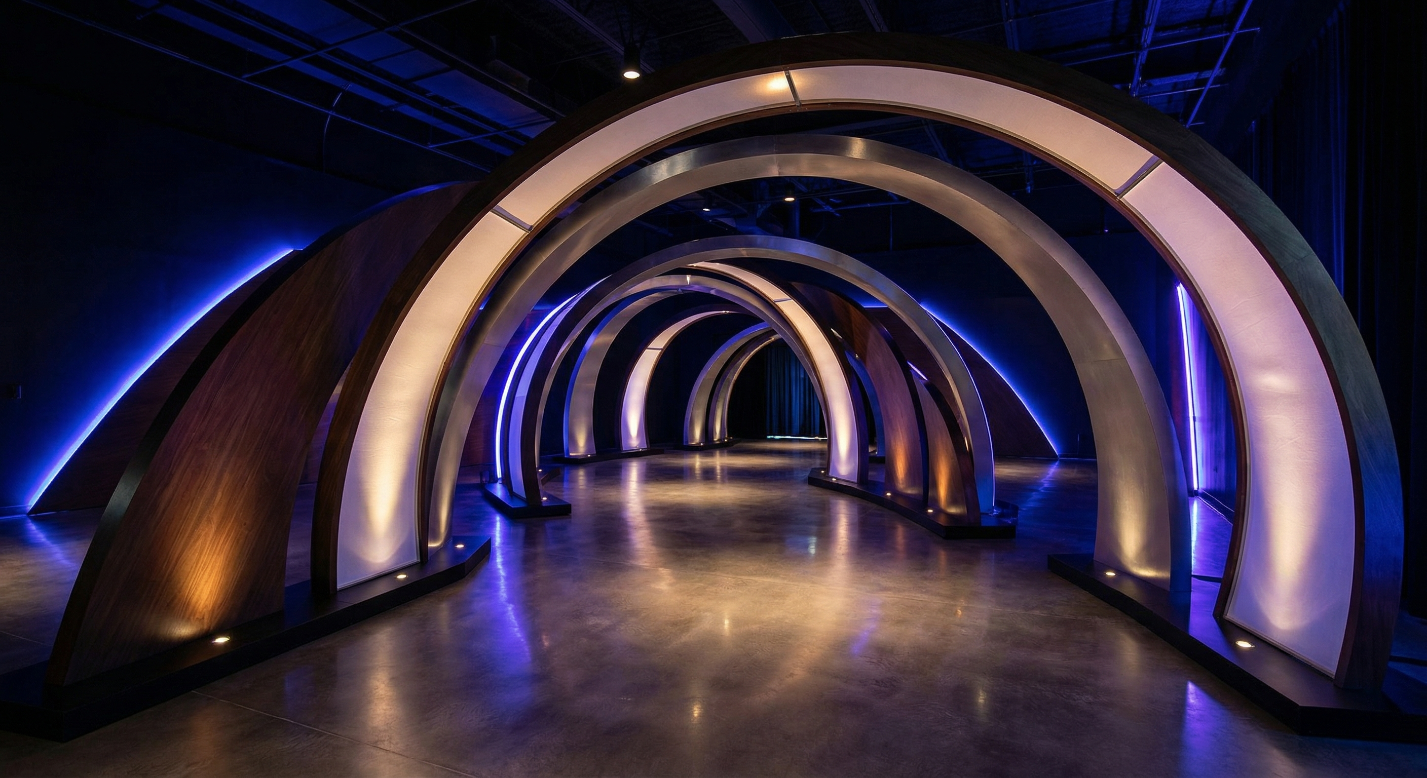 Immersive brand activation environment with custom fabricated elements and dramatic lighting