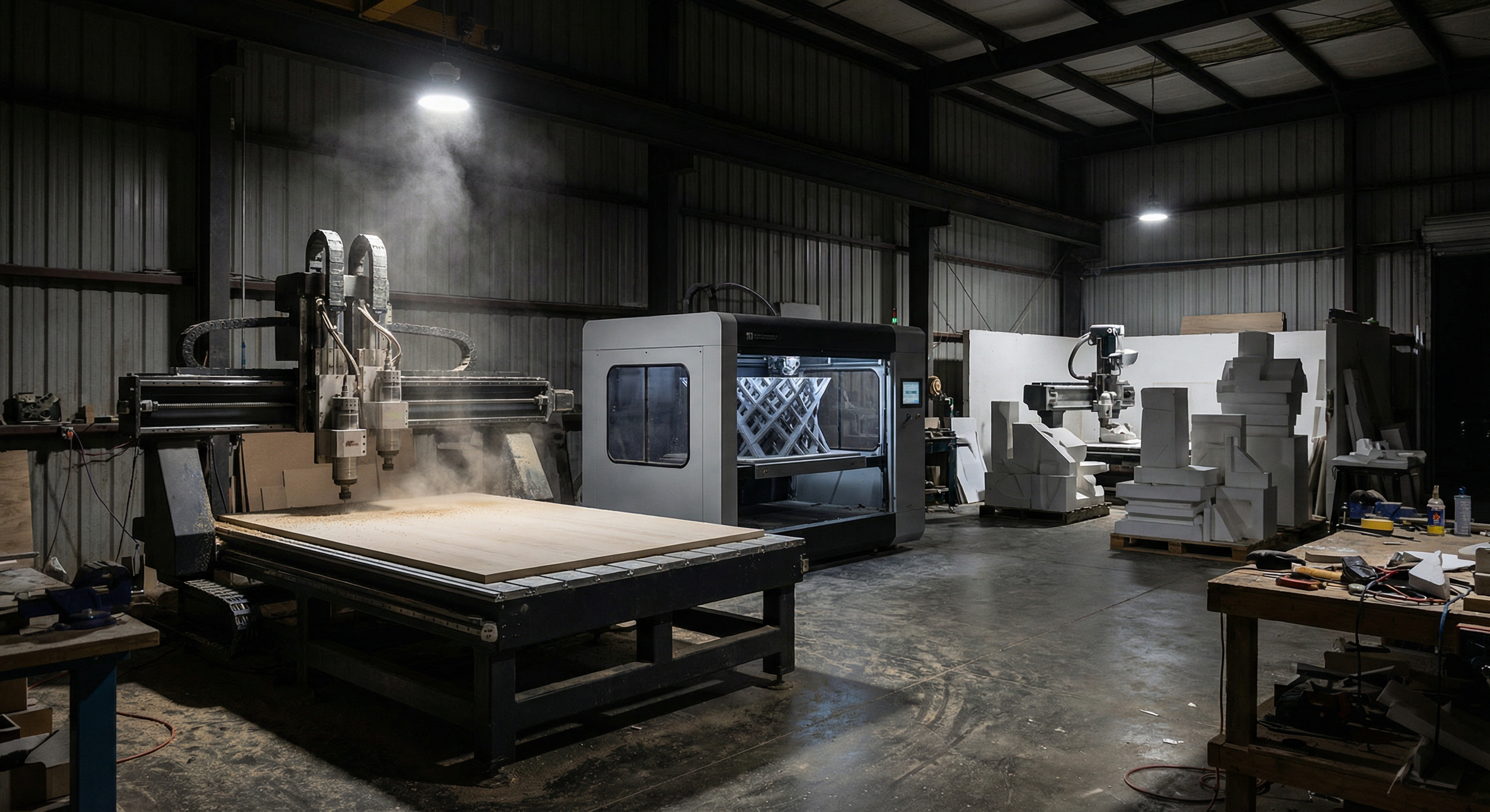 Industrial fabrication workshop with CNC routing machine, large format 3D printer, and foam carving station under dramatic lighting