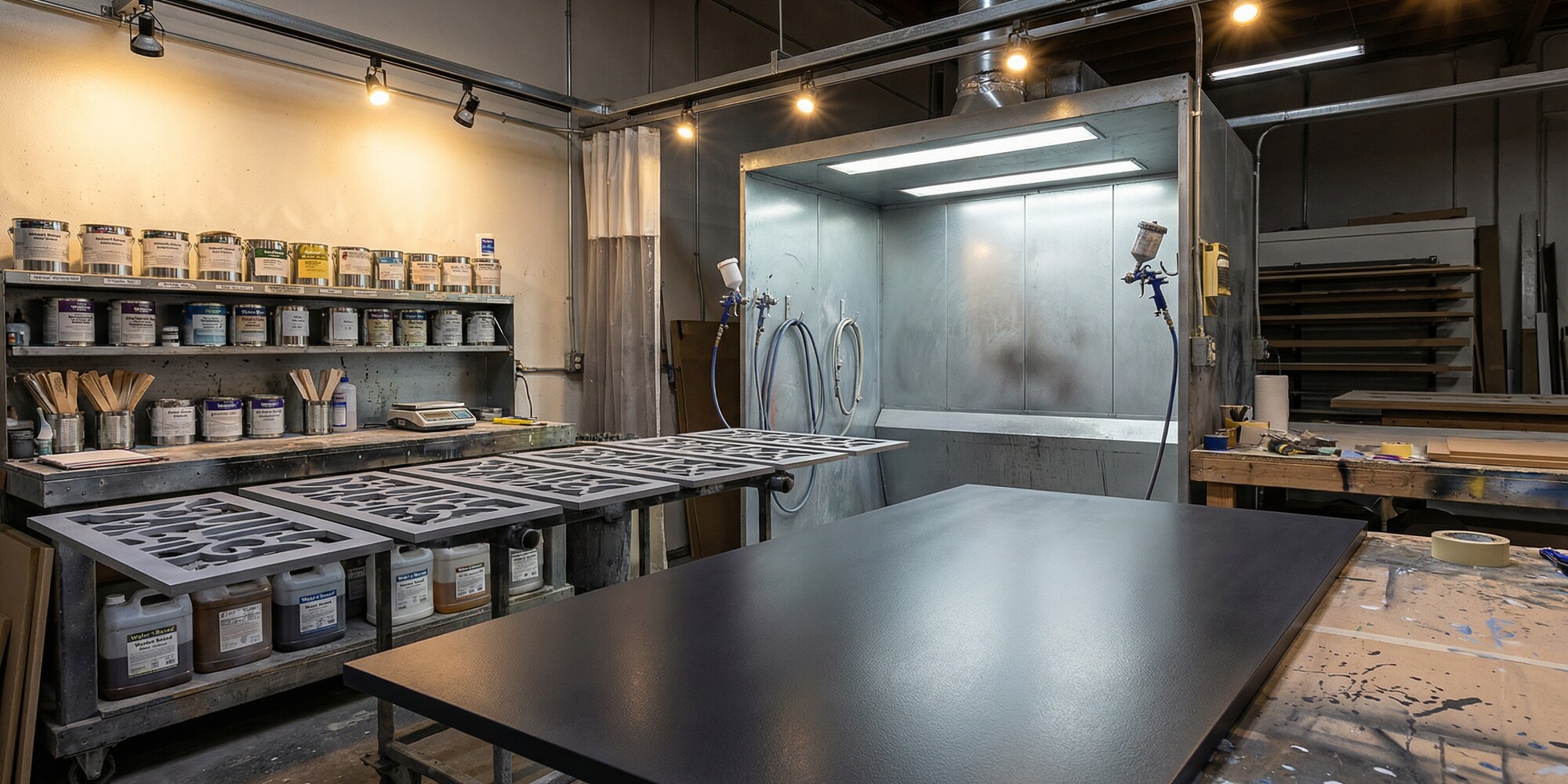 Professional exhibit finishing shop with HVLP spray equipment, primed MDF panels, and industrial coating workflow for trade show fabrication