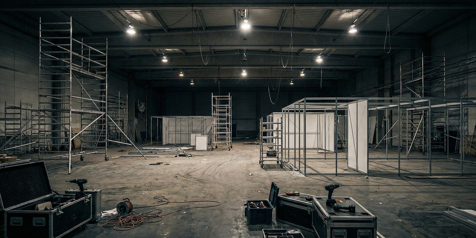 Trade show exhibit installation in progress — aluminum scaffold structure being assembled on convention hall concrete floor