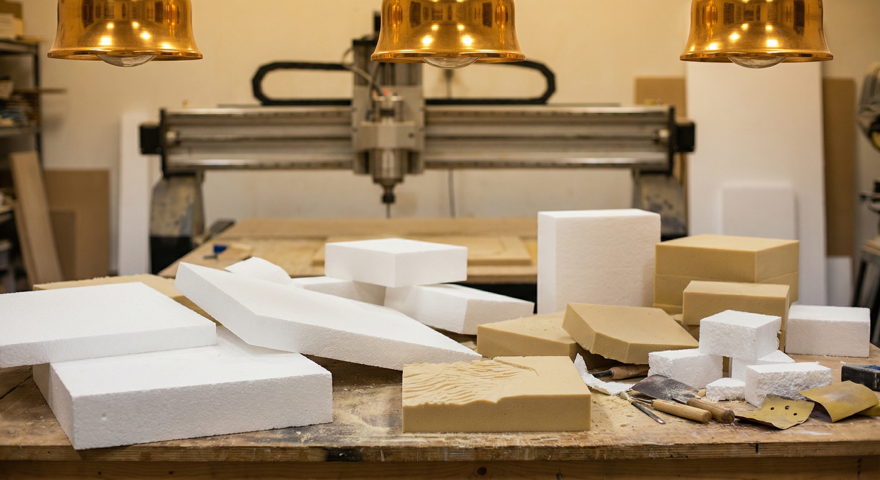 EPS foam blocks and HDU material samples in a scenic fabrication workshop