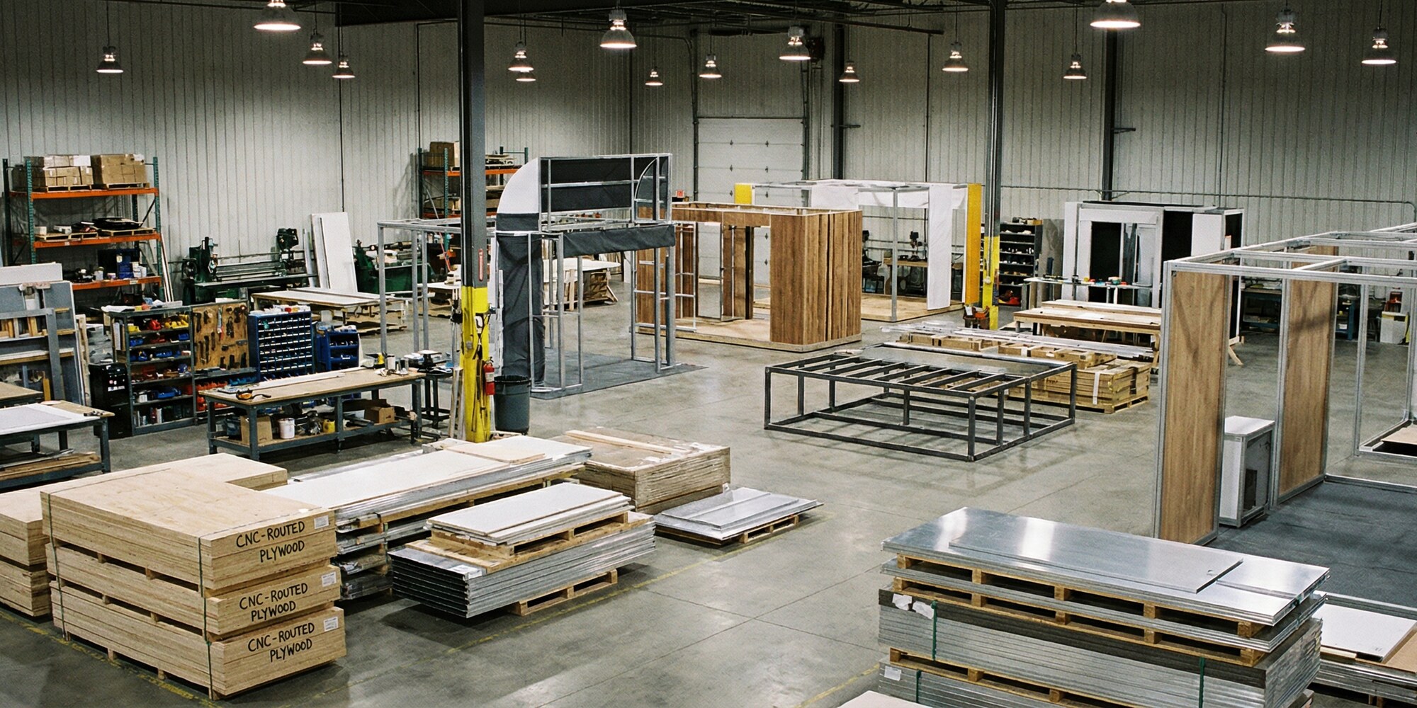 Multi-project fabrication shop floor with exhibit builds at various stages of production completion
