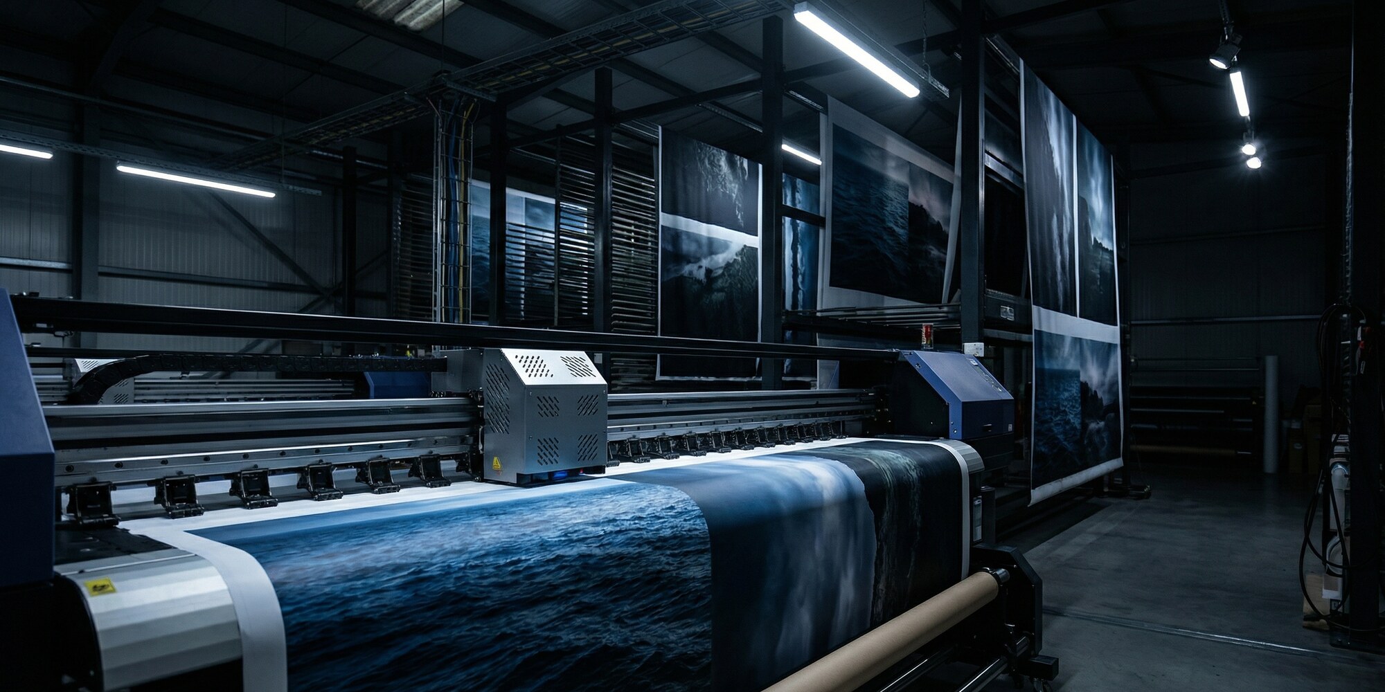 Wide-format inkjet printer outputting large exhibition graphics in a professional fabrication workshop