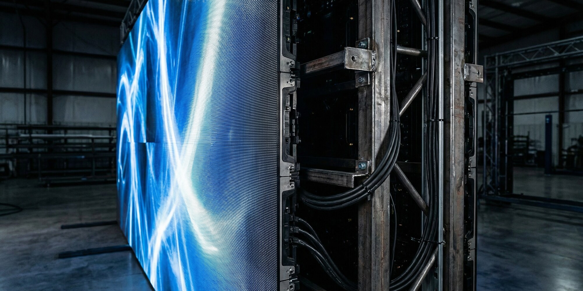 Direct-view LED video wall mounted in a trade show exhibit booth with precision steel framing and cable management channels