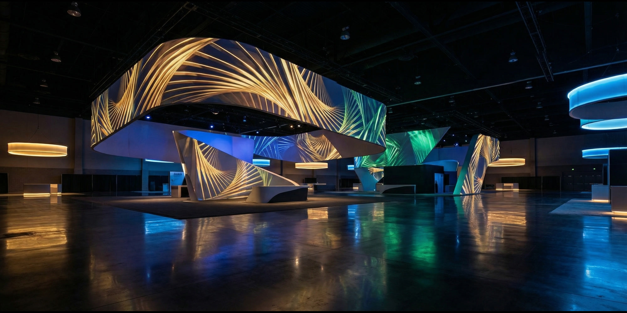 Projection mapping illuminating a custom three-dimensional trade show exhibit structure in a convention hall