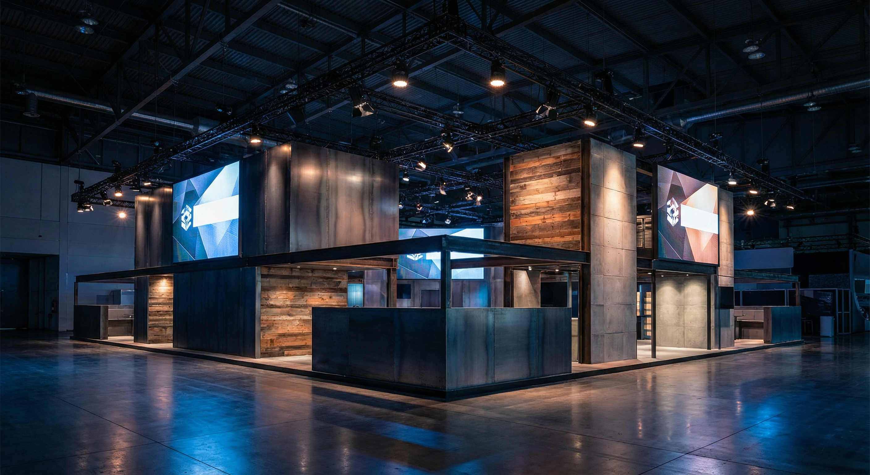 Large custom trade show exhibit in a convention hall with dramatic overhead lighting and branded fabricated structures