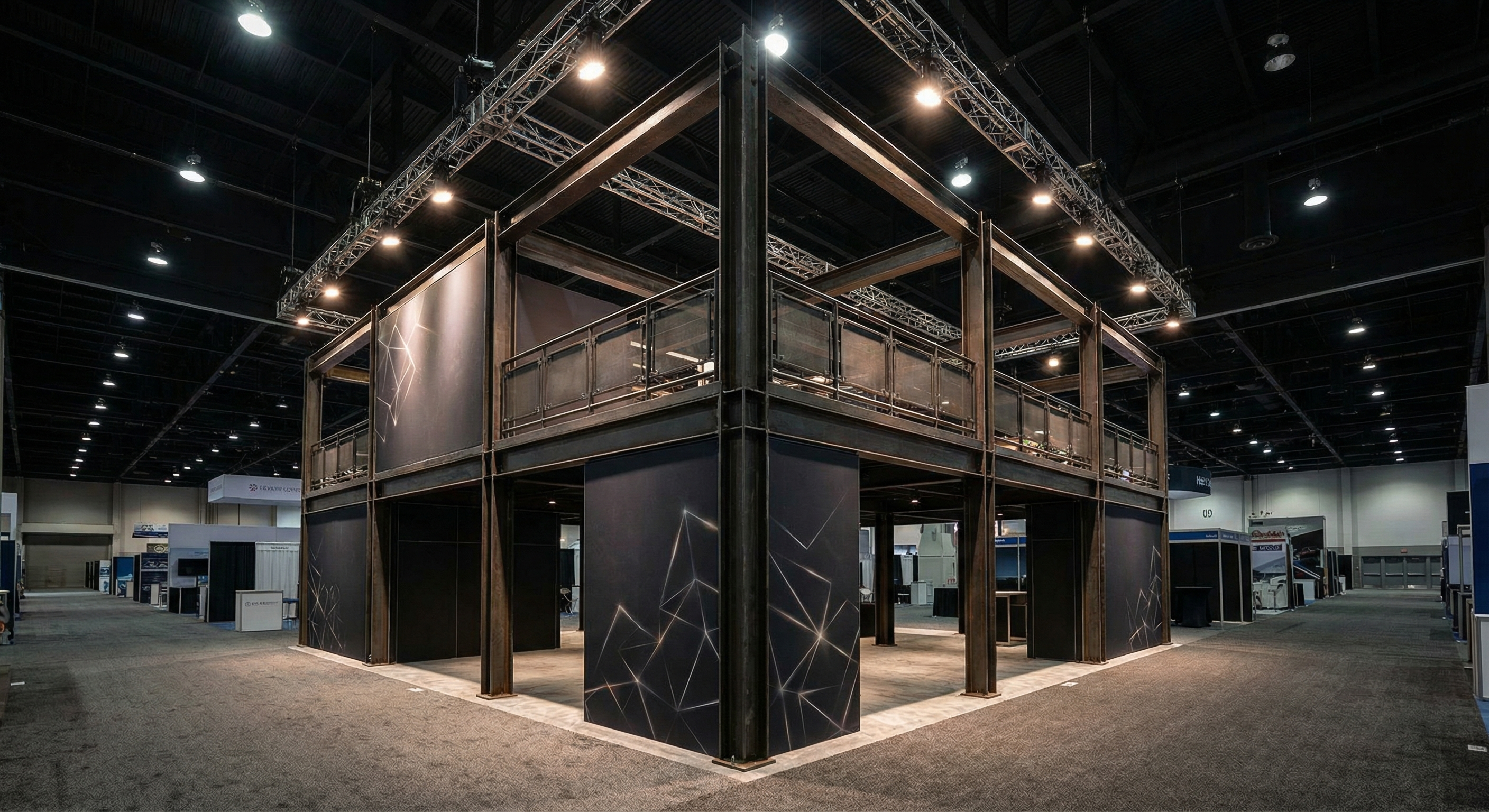 Two-story double-deck trade show exhibit in a large convention hall with dramatic lighting
